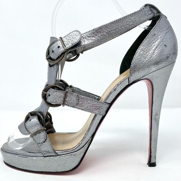 CHRISTIAN LOUBOUTIN 120MM LIMA SILVER PLATFORM BUCKLE HEELS SIZE 39 - Picture 1 of 14